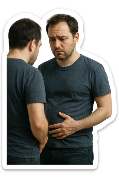 uomo che si guarda allo specchio triste mentre si tocca la pancia, pensieroso, iperrealistico 4k sticker