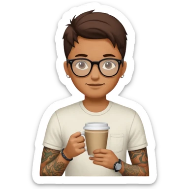 gözlük takan, dövmeli ve elinde kahve tutan, yaz kıyafetli insan sticker