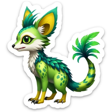 Feral Rare Fantasy vibrant tropical Vernid-Trico-species-creature by LiLaiRa, random markings, tufted tail, tufted ears, full body sticker