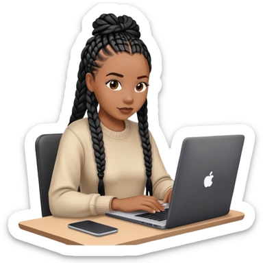 A Black woman with black box braids sitting behind a laptop, typing or looking at the screen. sticker
