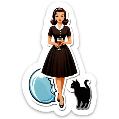 Beautiful woman in 1950’s woman fashion look, black dress, long dark brown hair, whisky with ice, black cat sticker