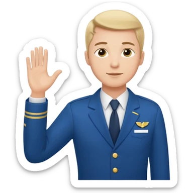 A calm male flight attendant demonstrating instructions with confident sticker