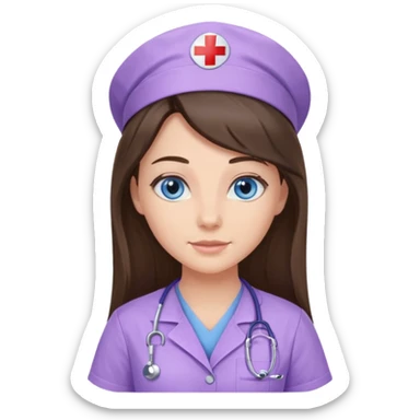 pretty brunette nurse with long hair and blue eyes in lilac scrubs sticker