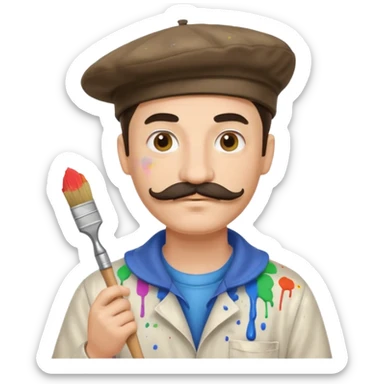 male artist with a mustache beret paint-splattered smock holding a brush sticker
