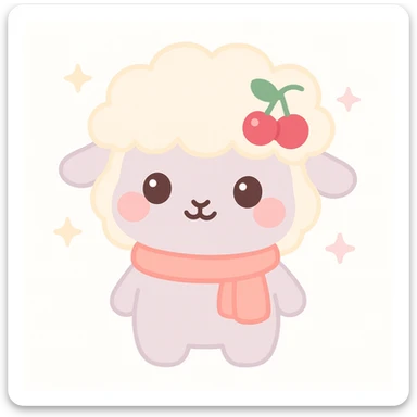 kawaii sheep with fluffy creamy white wool warm tint, gentle pastel gray body, rosy cherry pink cheeks, sparkling dark brown eyes, wearing cherry hair clip deep cherry red with green leaf, pastel coral scarf sticker