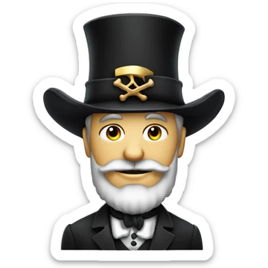 a wealthy pirate with deep knowledge in mechanics and a black suit and a top hat and a short beard sticker