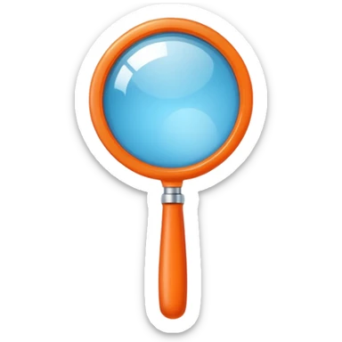 A stylized blue magnifying glass tilted right, flat design, minimalist, vibrant orange handle, white circular background, high resolution, 2048x2048 pixels, vector art, clean lines sticker