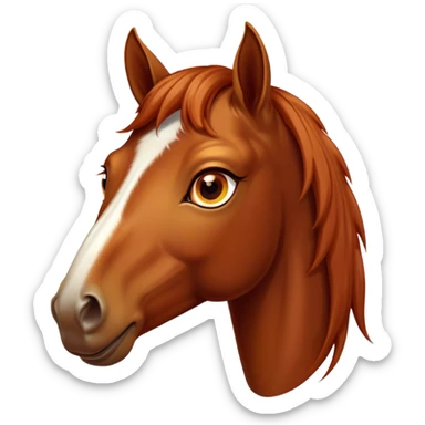 Cinematic Comical Chestnut Horse Portrait Emoji, Head tilted dramatically with an exaggeratedly amused expression, featuring a striking chestnut fur with a glossy finish and wide, expressive amber eyes filled with playful disbelief, Simplified yet hilariously expressive features, highly detailed, glowing with a slightly sassy glow, high shine, dramatic yet playful, stylized with an air of cheeky mischief, bright and endearing, soft glowing outline, capturing the essence of a spirited and over-the-top horse, so meme-worthy it feels like it could side-eye its way into internet fame instantly! sticker