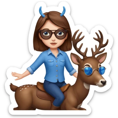 Brown hair blue eyed girl riding a deer with sunglasses sticker