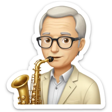 Middle aged man with grey receeding hair and glasses face covered in mayonnaise sauce with a saxophone sticker