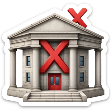 bank building with a single large red X over it sticker