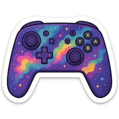 Nintendo Switch Pro controller decorated with a purple and rainbow galaxy pattern, glowing nebula effects, dreamy and colorful sticker