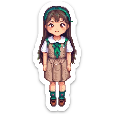 Asian girl with thin bangs, long hair, round eyes without double eyelids, wearing college student style dress, humorous expression, pixel art style sticker