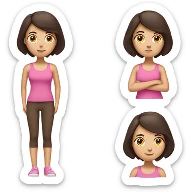 white girl with dark brown hair in the zen, cross-legged position, like the zen emoji. Wearing a pink tank top sticker