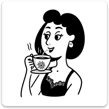 woman giving side eye while sipping hot tea with her pinky up, hand-drawn doodle style sticker