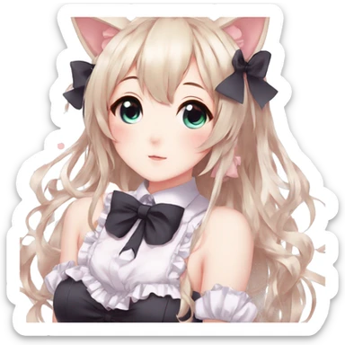Gorgeous anime style catgirl with blushing face with maid outfit bow tie idol model kawaiicore pearly petite simplistic aesthetic trending style sticker
