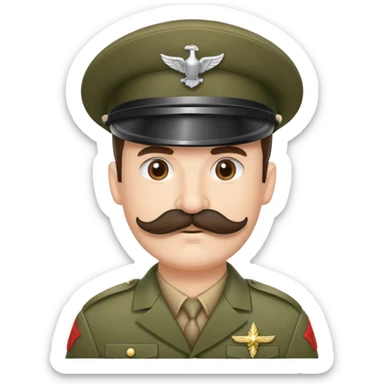 Soldier with a thick handlebar mustache wearing a military helmet sticker