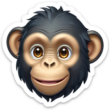 Cinematic Cute Chimpanzee Portrait Emoji, Head tilted playfully and inquisitively, with a smooth, expressive face accented by softly ruffled fur and round, sparkling eyes full of mischief, Simplified yet irresistibly adorable features, highly detailed, glowing with a warm, friendly glow, high shine, affectionate and lively, stylized with a touch of whimsical charm, soft glowing outline, capturing the essence of a mischievous yet loving chimpanzee that feels like it could leap out of the screen into your arms! sticker