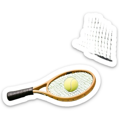 A tennis racket resting on the green grass of a tennis court, with a tennis ball placed nearby and the net stretching across the court. The background captures the fresh, open atmosphere of a traditional grass court, emphasizing the elegance and precision of the sport. sticker