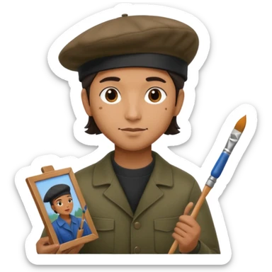 the artist stands with his back to the painting, painting a portrait sticker