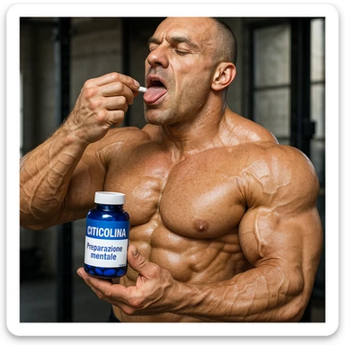 hyper realistic bodybuilder taking Citicolina before workout, well visible muscles, blue bottle, text 'Preparazione mentale', sporty atmosphere, realistic details sticker