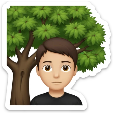 boy with straight short brunette hair brown eyes black tshirt on and tree behind sticker