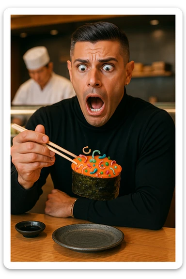 a man sits at a sushi bar, holding his chopsticks above a gunkan of salmon. As he looks closely, he notices visible parasites and bacteria—depicted as small worms and colorful bacterial shapes—on the surface of the sushi. His eyes widen and his mouth opens in shock, clearly alarmed. The background shows the sushi counter and chef, but the focus is on the man’s reaction and the contaminated sushi. sticker