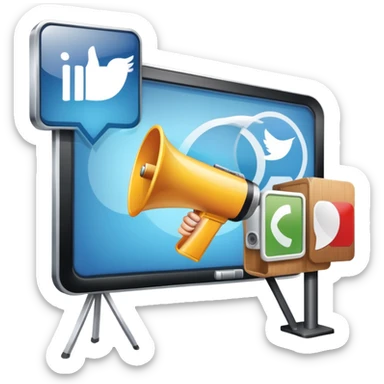 An icon featuring a megaphone, a billboard, and social media icons, symbolizing advertising and public relations. The design includes a press release and a rising graph, representing brand promotion and communication strategies. Transparent background highlights media influence and outreach. sticker