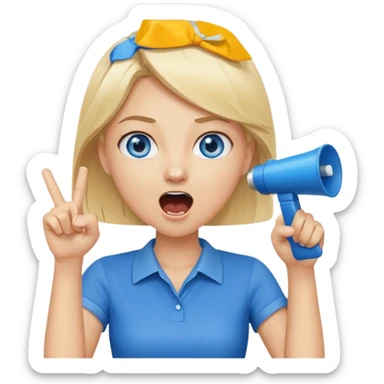 blue eyes blonde girl yelling into megaphone and holding up 1 finger in the other hand siling sticker