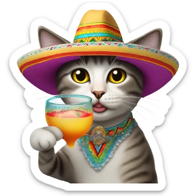 cat drinking mezcal in mexican sombrero hat sticker