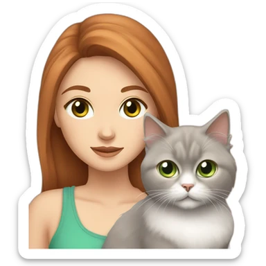white girl with chestnut wawy hair and grey eyes, who hold a persian cat with green eyes sticker