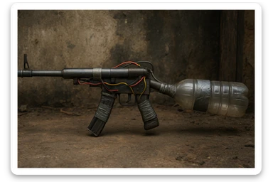 realistic improvised rifle made from pipes and plastic bottles, featuring duct tape, exposed wiring, and a bottle used as a stock, in a gritty survivalist setting sticker