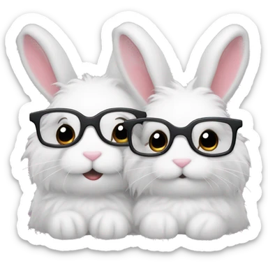 two fluffy bunnies cuddling, the one on the left has glasses sticker