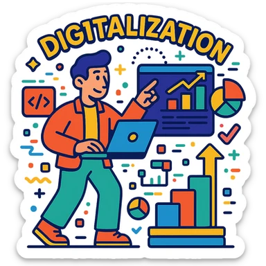 digitalization with colorful data and tech motifs in vibrant toon style sticker