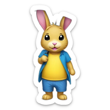 Pink rabbit wearing yellow tee shirt holding blue umbrella sticker