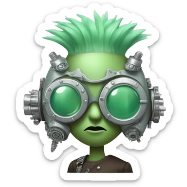Pastel green Mohawk cyborg head with silver steampunk goggles sticker