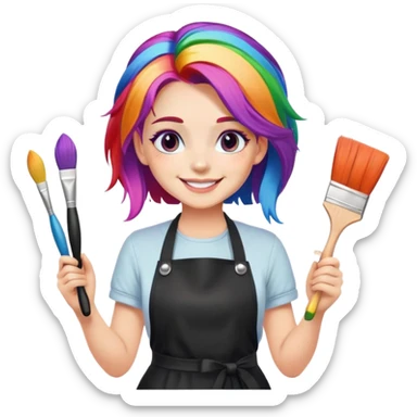 artist-girl with rainbow hair and brushes in black apron smiling sticker