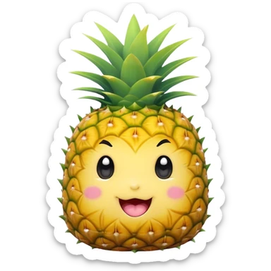 Cute Kawaii Pineapple, tiny and round, bright golden yellow with a spiky green top, chubby cheeks, playful winking expression, soft pastel textures, sweet and tropical vibes! sticker