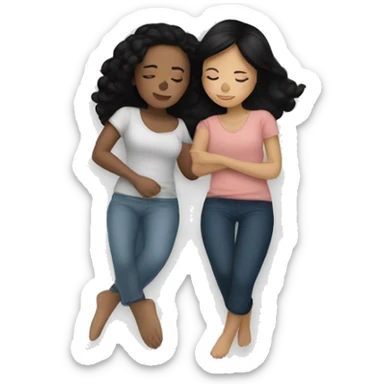 Two girls one with tan skin black hair one with white skin black hair cuddling in a bed together  sticker