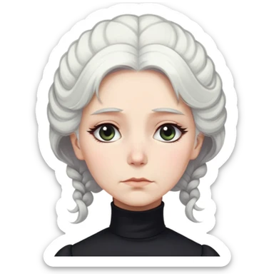 A Victorian woman with elegant coiffed white hair and light eyes wearing a modest black turtleneck mourning dress without jewelry looking down with a forlorn expression sticker