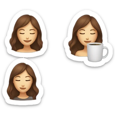 woman with brown hair and pale sking peeking from behind a laptop with eyes closed and a coffee mug in front of the laptopt sticker