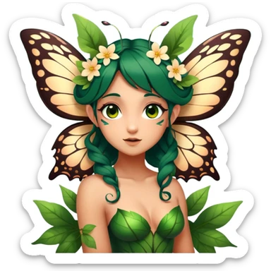 Cinematic Realistic Forest Nymph Fairy Portrait, head tilted playfully and inquisitively, showcasing a nature-inspired form with intricately detailed, sunlit tanned skin and cascading dark green hair interlaced with leaves and blossoms showing her large butterfly wings from her back. Her bright, curious eyes sparkle with forest mischief, rendered with lifelike clarity and warm, dappled lighting that captures the spirit of an enchanting woodland fairy ready to dance among the trees. sticker