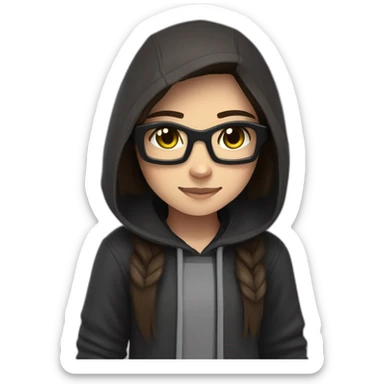 A minecraft addicted 11 year oldgirl with brown shoulder length hair and glasses wearing an enderman hoodie sticker