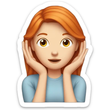 woman redhead who is covering her ears with hand sticker