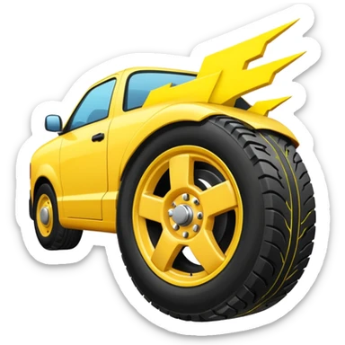 A front semi steer tire that is flat getting stuck by a lightning bolt sticker