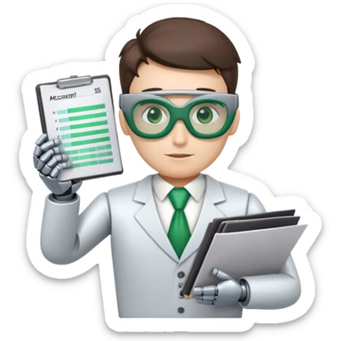 human like robot bookkeeper wearing  accountant Green eyeshades  and holding spreadsheets sticker