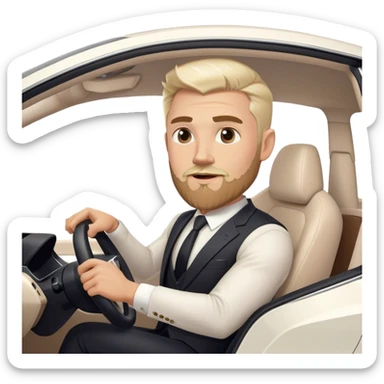 white blonde businessman with beard driving white tesla sticker