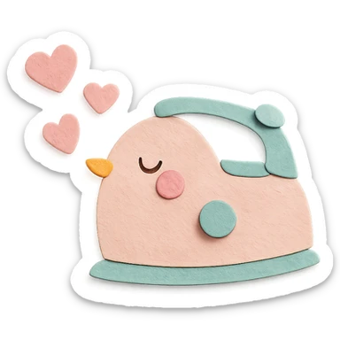 cute bird-shaped electric iron, puffing steam hearts, blushing, soft pastel pink, full-body sticker
