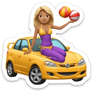 a woman with bikini on top of a crashign car sticker