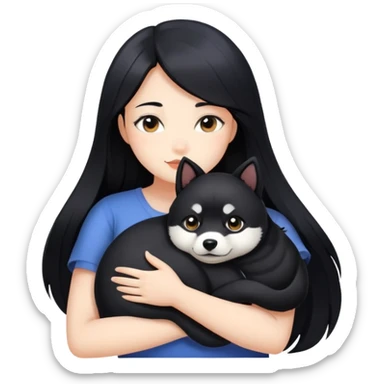 A beautiful girl with long black hair hugs a Black Shiba Inu sticker